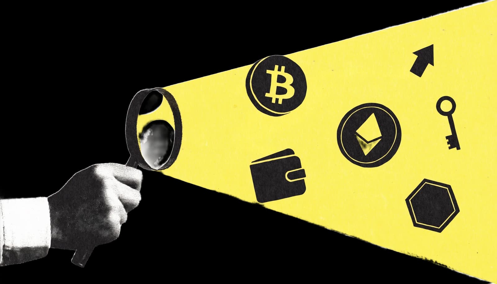 Halftone collage of a hand holding a magnifying glass casting a yellow beam that reveals Bitcoin, Ethereum, a wallet and a key